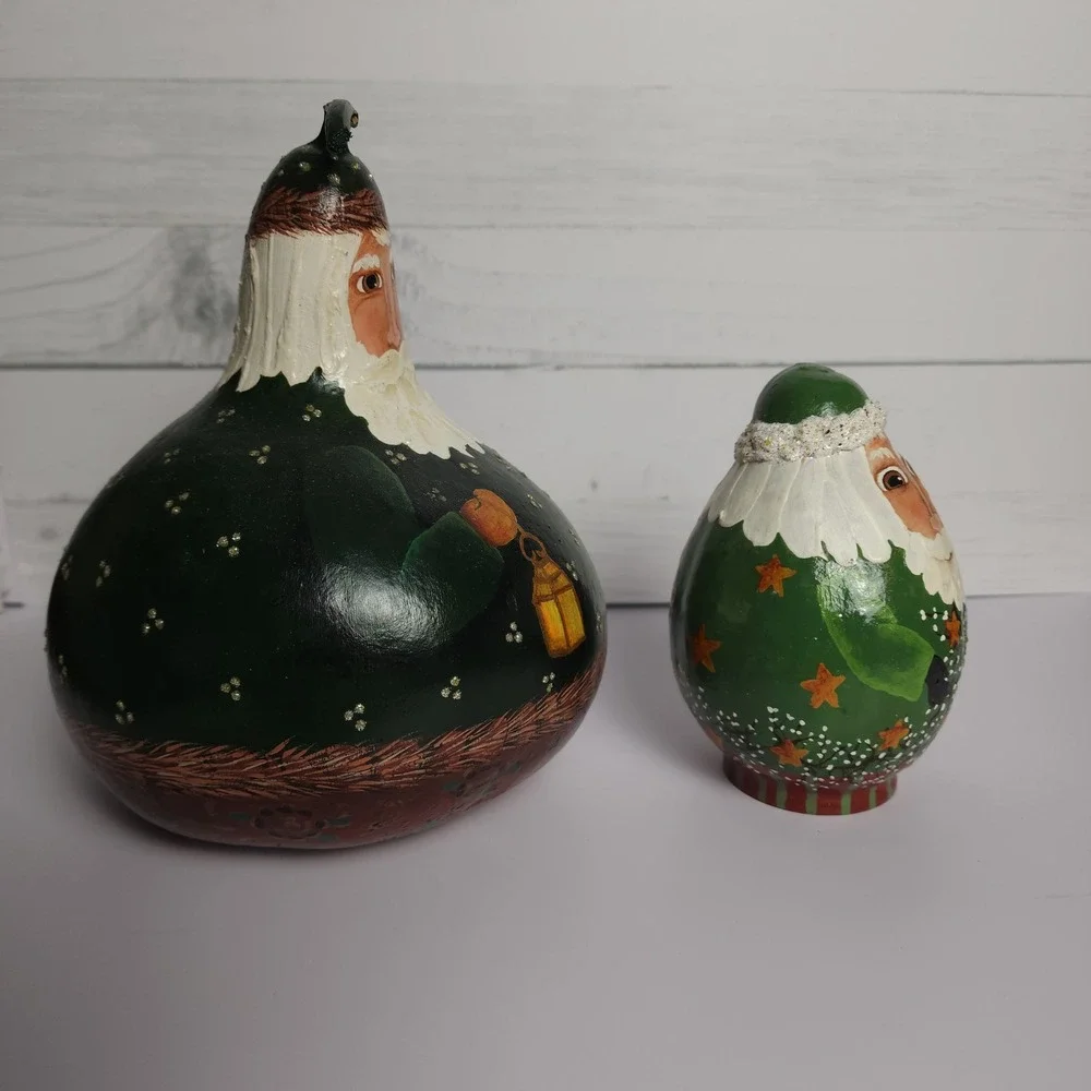 Hand Painted Gourd Santa Figurines Set of 2 Sigend‎ by Regina Schafer